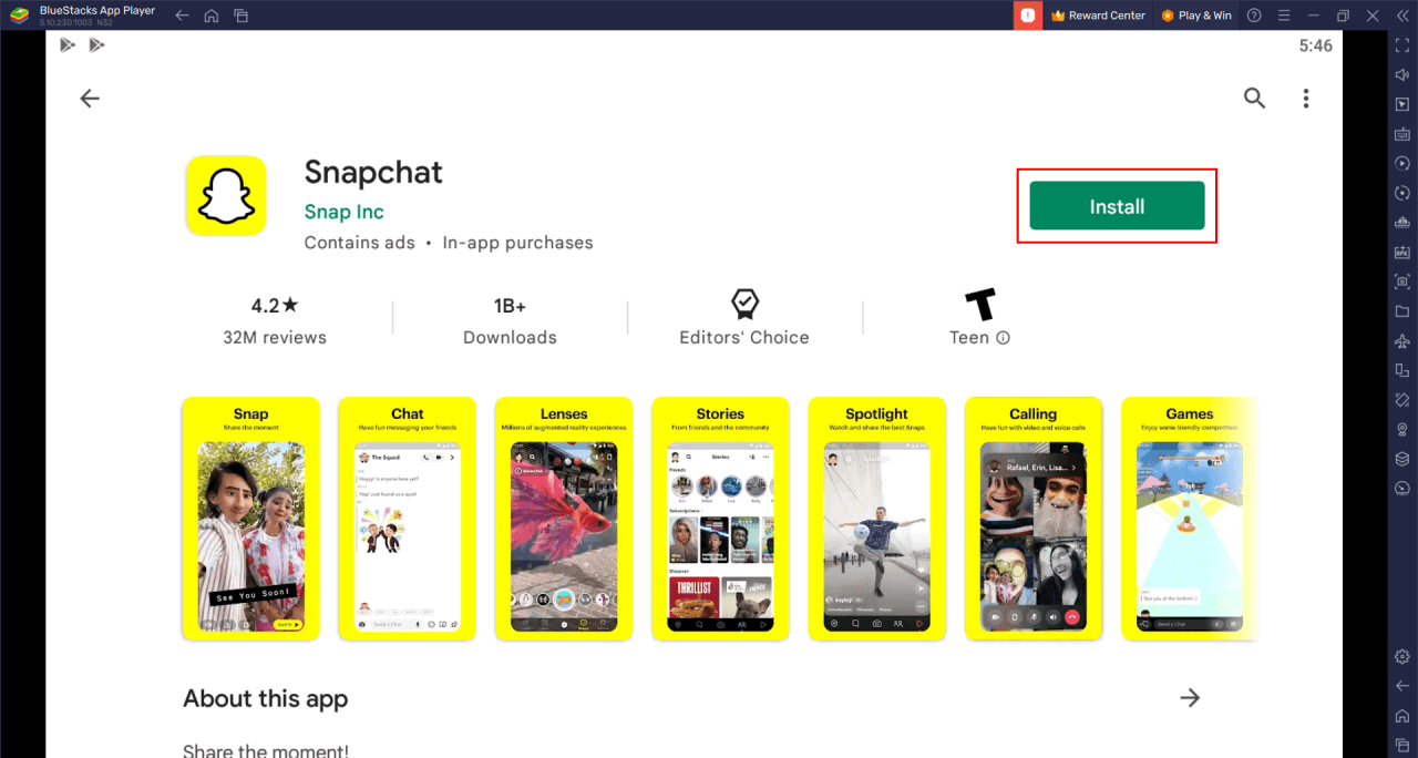 Snapchat download and install on Bluestacks
